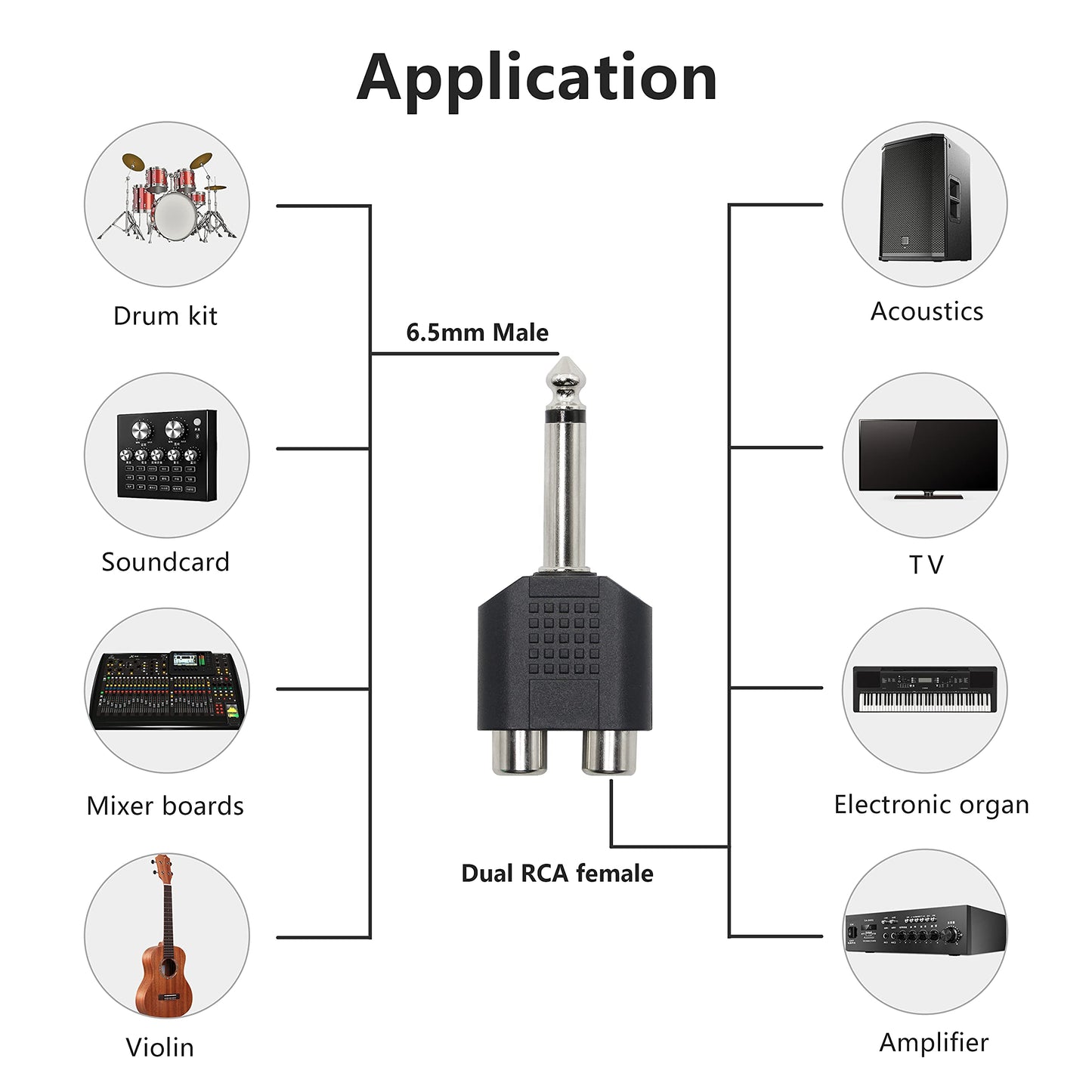 GELRHONR 6.35mm Mono 1/4 Inch Male to RCA Splitter, Stereo Jack Male to RCA Female Adapter-5PCS