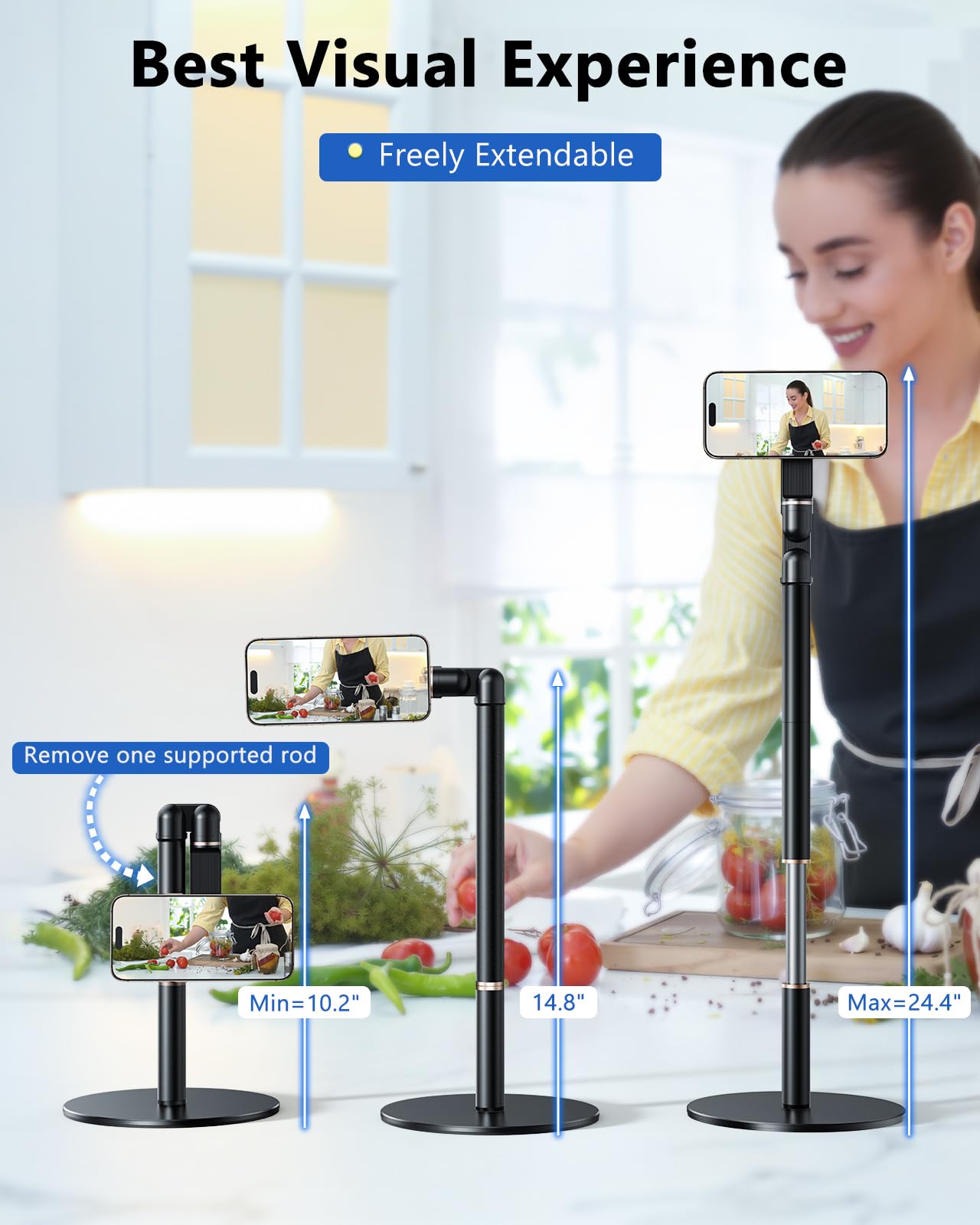 Nauttxon Angle Height Adjustable Magnetic Phone Stand for Desk [10"-25"] - Retractable Cell Phone Holder for Video Recording Cooking Excising Working