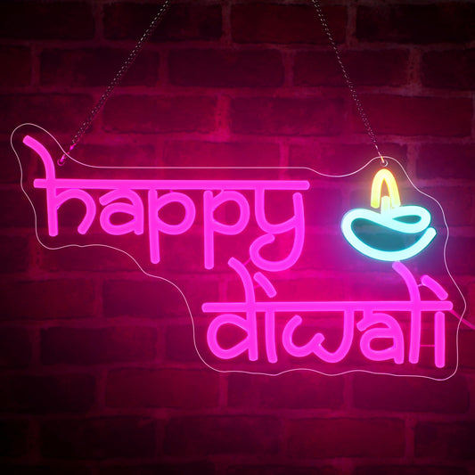 WILLBOND Happy Diwali Neon Sign Diwali Diya Party Decoration Deepawali LED Neon Light Sign Indian Hindu Pooja Room Light Hanging Decoration for Puja