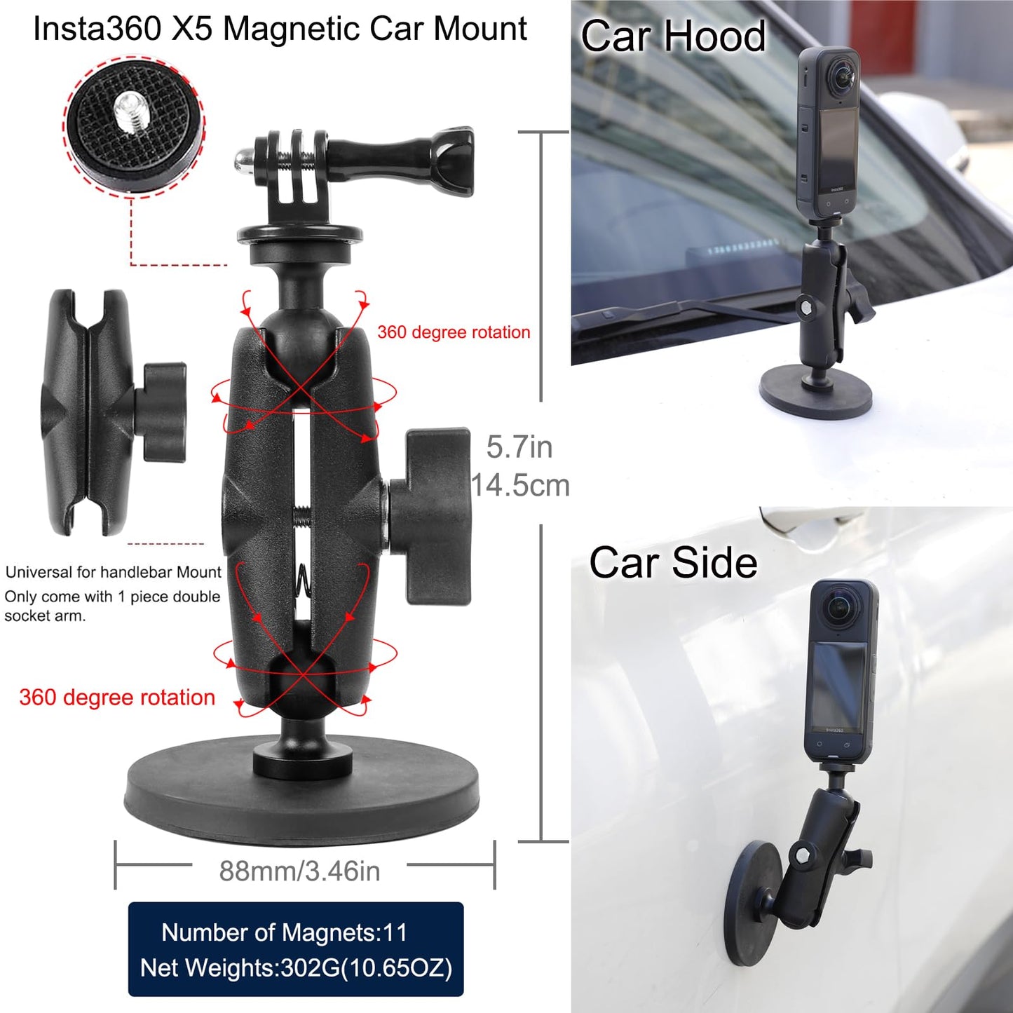 PellKing Accessories Kit for insta360 X4,Included Carrying Case with Belt,2 Pcs Metal 1/4" Adapter,Handlebar Mount,Magnetic Mount,53in Selfie