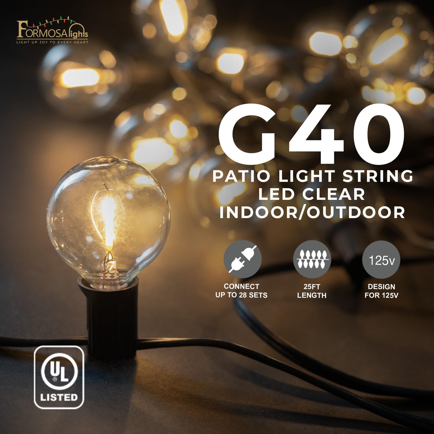 Formosa 26ft Clear Incandescent Christmas String Lights, Indoor G40 Shatterproof Bulbs, 25 Retro Globe Edison Bulbs, Indoor Hanging Lights for Bedroom