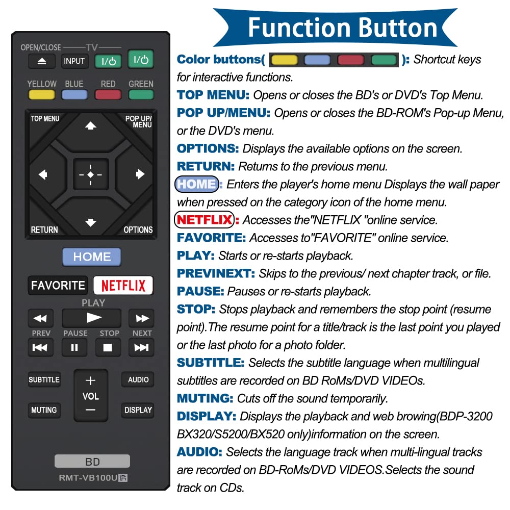 New RMT-VB100U RMT-VB201U Blu-Ray Player Remote Compatible with Sony Player BDP-BX350 BDP-BX550 BDP-BX650 BDP-S1500 BDP-S2500 BDP-S2900 BDP-S3500