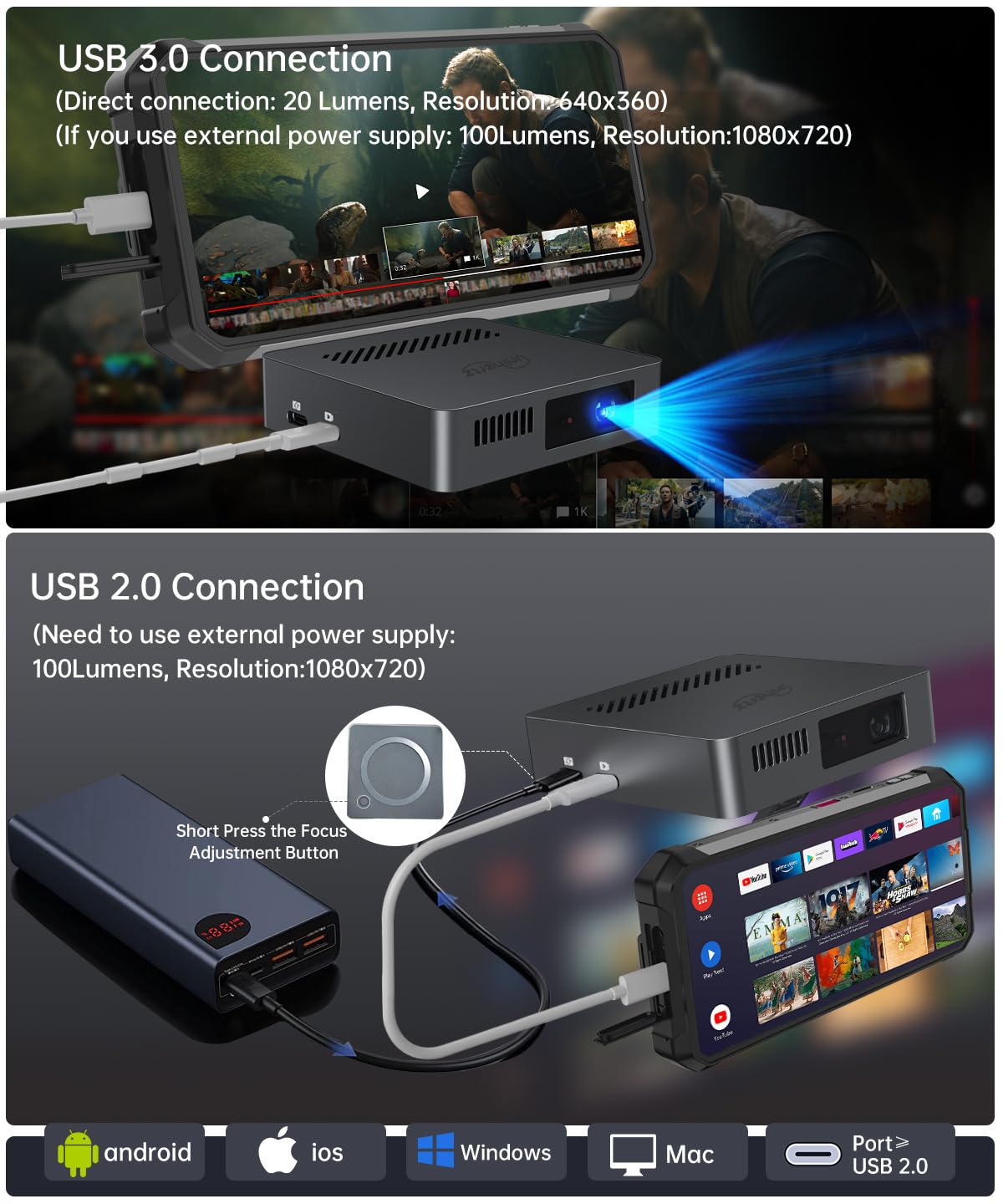 MARS Mini Projector, Upgraded Full HD 720P Portable Small Movie DLP Projector, Lightweight Movie Projector Compatible with Smartphone/Laptop(NO