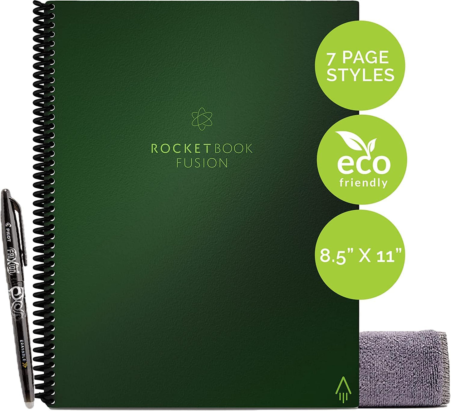 Rocketbook Fusion Reusable Undated Productivity Planner, Letter Size 8.5x11, Green - Goals, Monthly and Weekly Calendar, Daily To-do List, Lined