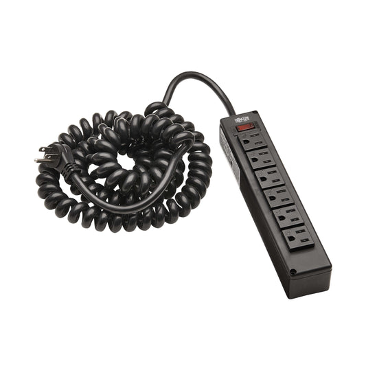 Tripp Lite Safe-IT Surge Protector with Coiled Power Cable, 6 Standard Outlets, Lighted On/Off Switch, 10 Foot Spiral Cord, 300 Joules, $10,000