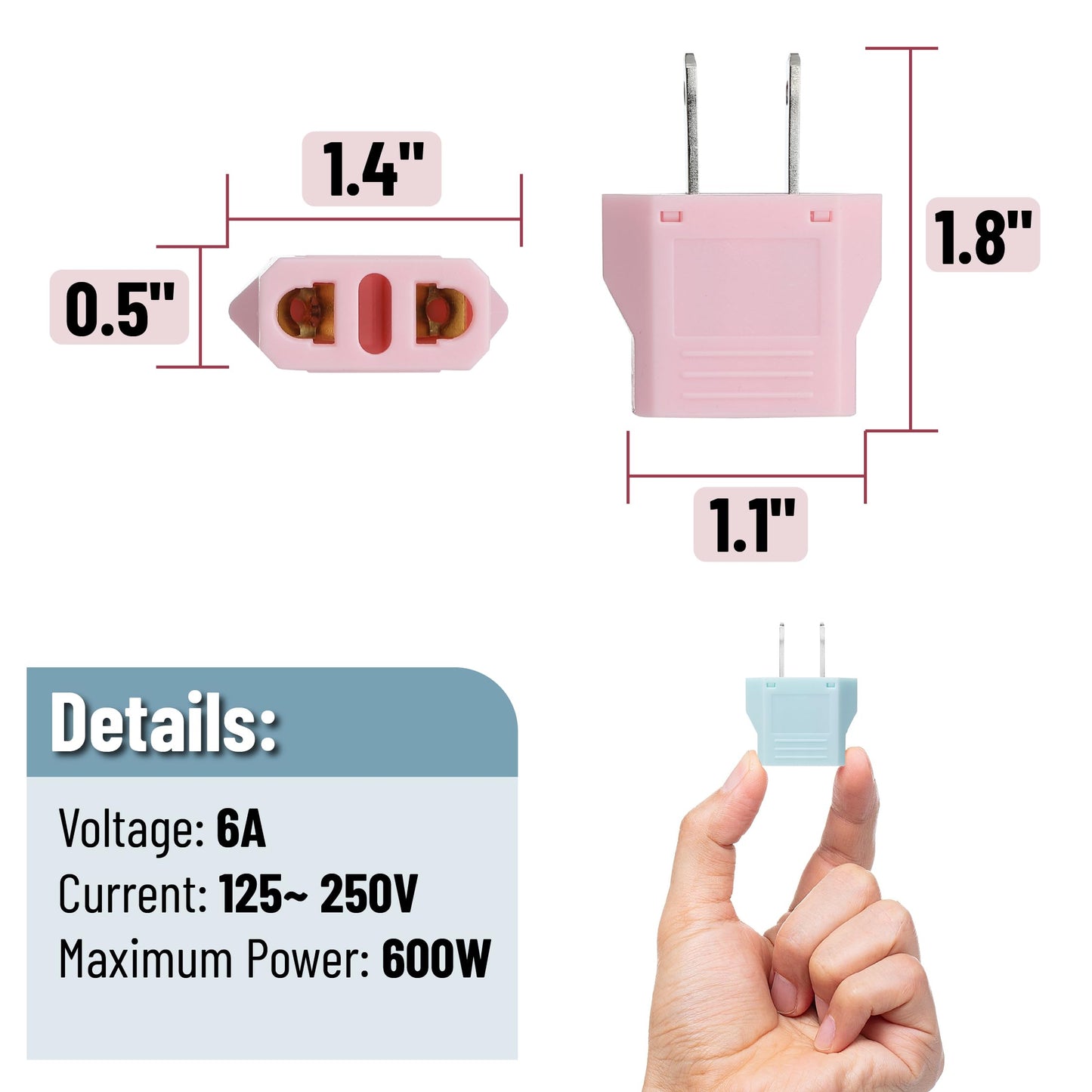 Bates- European to US Plug Adapter, 3 Pack, Colorful, Plug Adapter Europe to USA