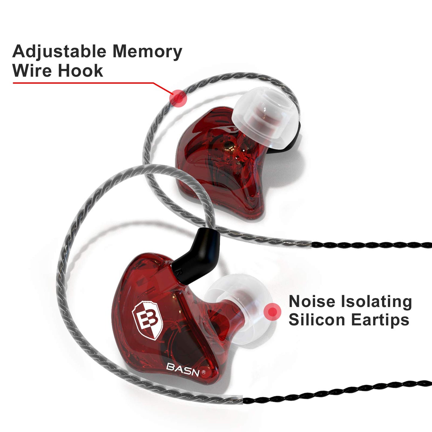 BASN Bsinger BC100 in Ear Monitor Headphones Universal Fit Noise Isolating IEM Earphones for Musicians Singers Studio Audiophiles (Red)
