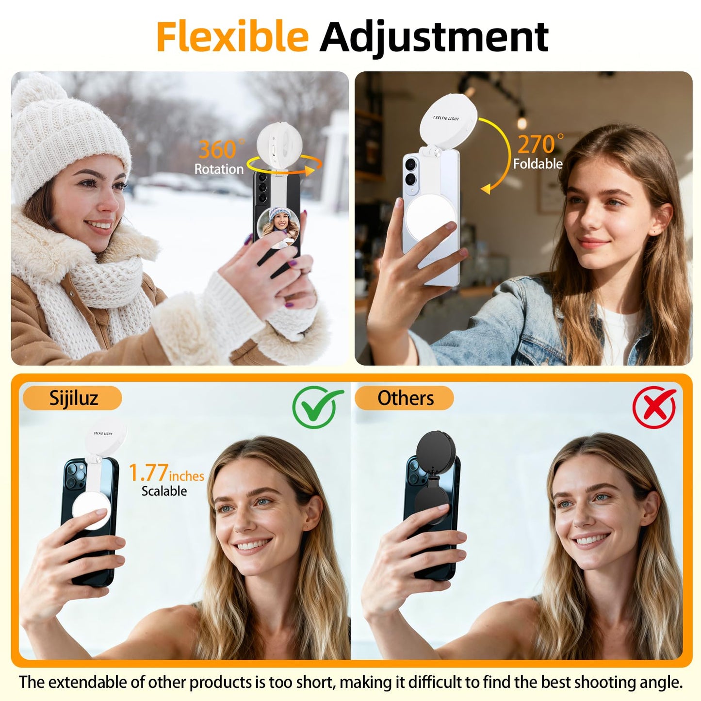 Magnetic Selfie Light for iPhone with Mirror Foldable Magnetic Fill Light with Sticky Ring for Android Rechargeable Portable Phone Ring Lights