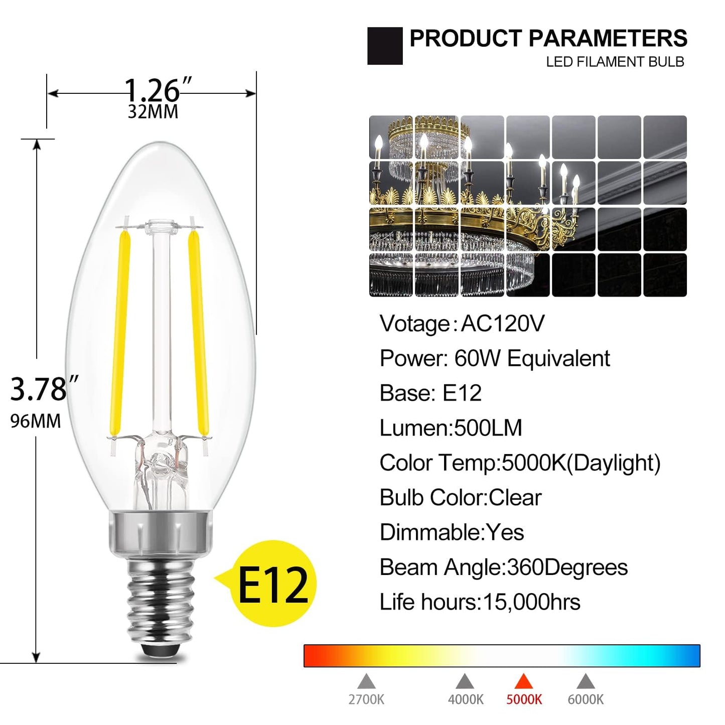 Energetic LED B10 E12 Candelabra Light Bulbs 60 Watt Equivalent, Dimmable LED Chandelier Light Bulbs, Daylight 5000K, 500 Lumen, 5W CRI 80+, UL