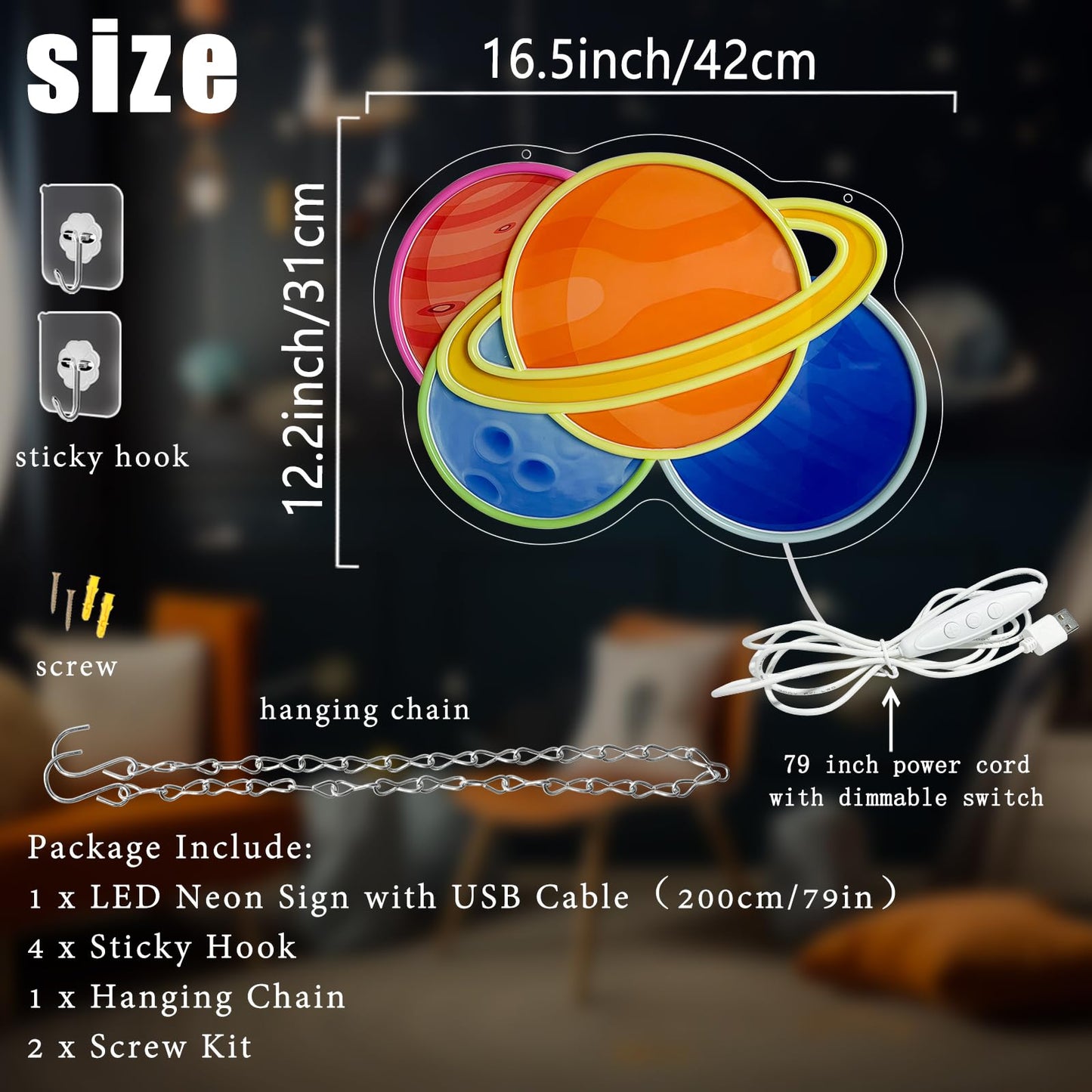 Planet Neon Sign 16.5x12.2inch Big Dimmable Saturn Led Light Colorful USB Powered Four-Planet Combination Space Neon Light Up Sign for Bedroom Living