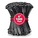 1000Pcs Black Zip Ties 6 Inch Bulk Small Cable Ties 6 In Heavy Duty Outdoor 40lbs, Mini Nylon Wire Ties 1000 Pack, Plastic Zip Tie Wraps, Zipties