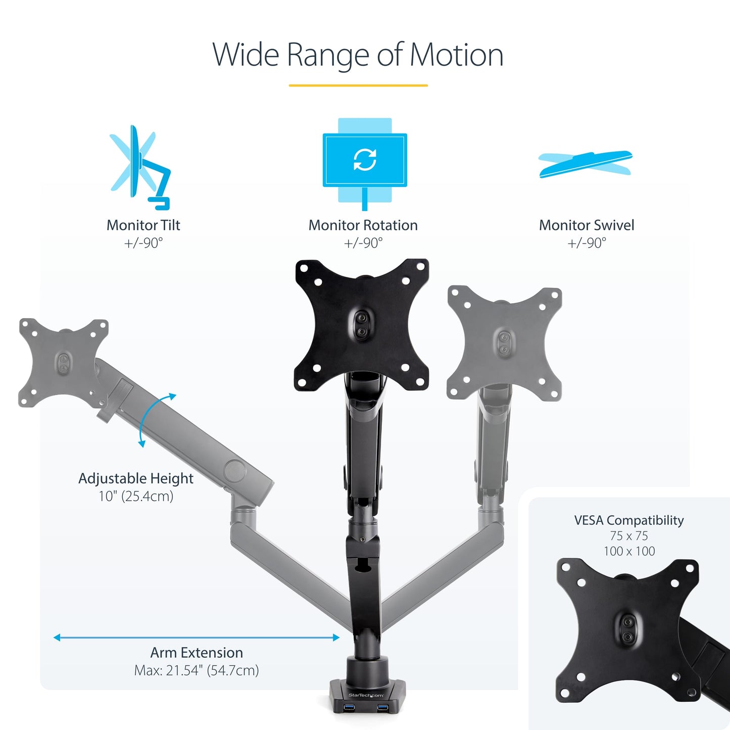 StarTech.com Desk Mount Monitor w/with 2X USB 3.0 Ports for VESA Display up to 34" (17.6lb/8kg), C-Clamp/Grommet, Mechanical Spring