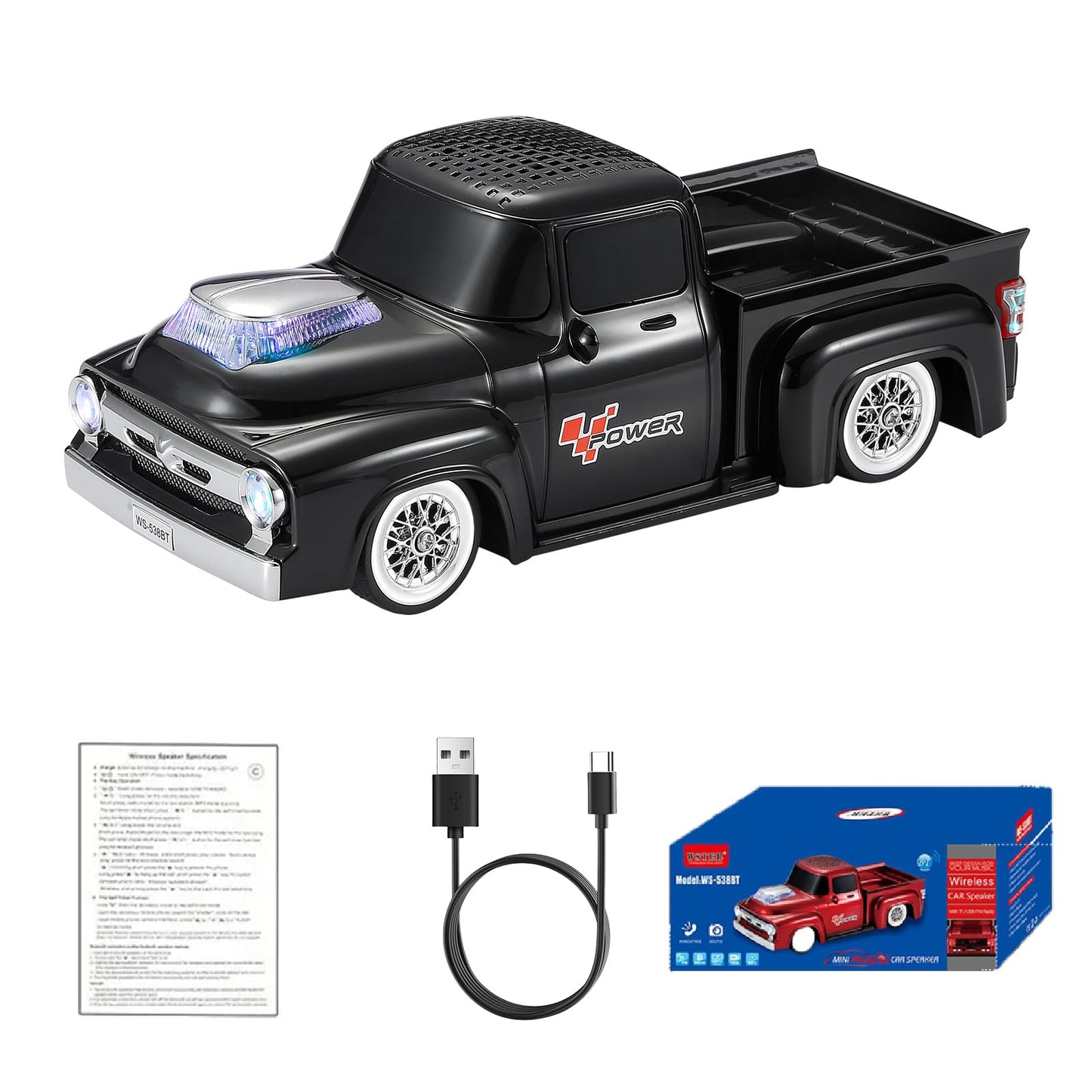 WSTER WS-538 Retro Pickup Truck Bluetooth Replica Speaker - Portable Wireless Car Model Speaker with FM, TWS, LED Party Lights, USB/TF Playback