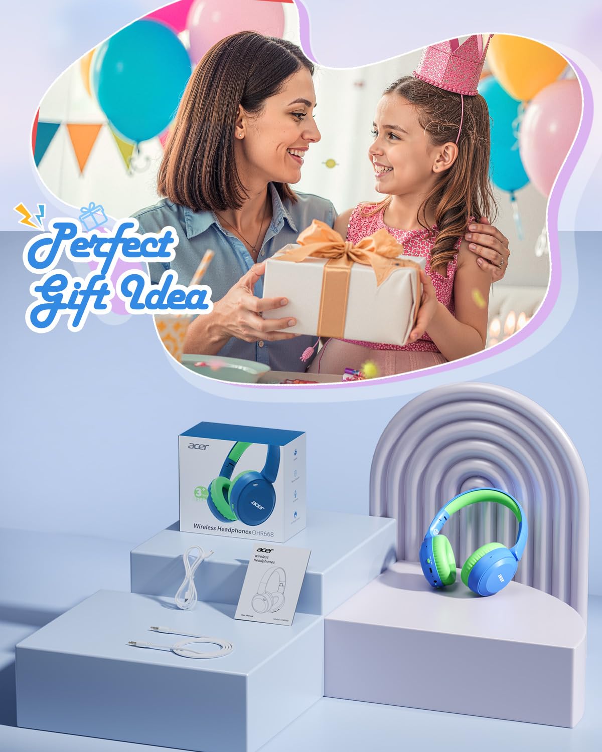 acer Kids Bluetooth Headphones, 85/94dB Volume Limiter, Foldable Wireless Over-Ear Headphones for iPad, Travel, 60H Playtime, Bluetooth 6.0, Built-in…