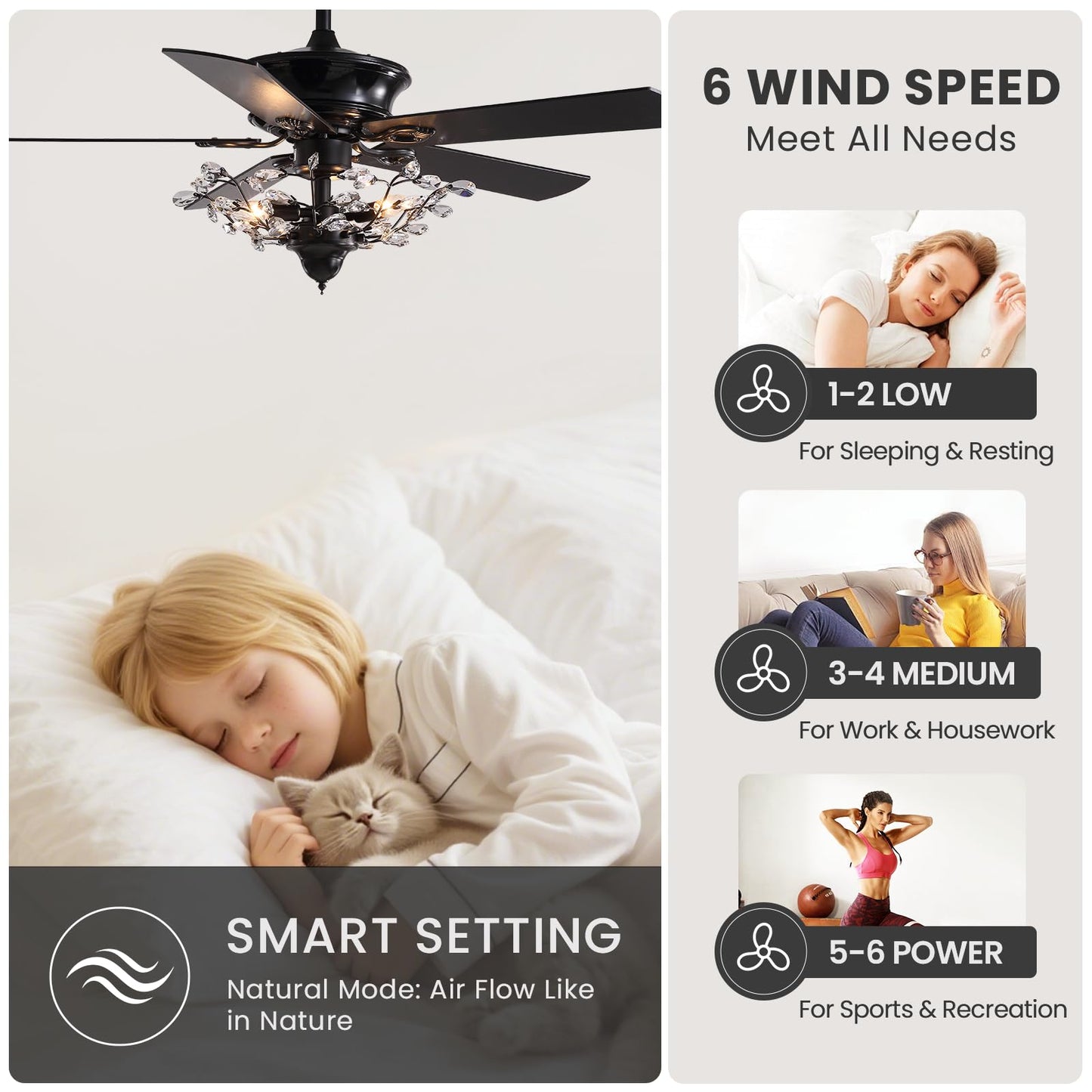 MOOONICHE 50" Crystal Ceiling Fan with Lights and Remote, Black Vintage Chandelier Fan Light with Wood Blades, Reversible Motor, 6-Speed, Timer, Retro