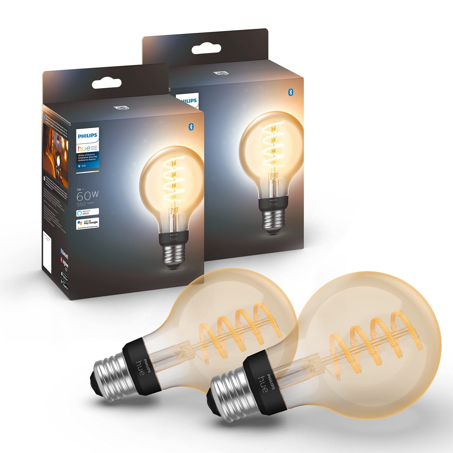 Philips Hue Smart 60W G25 Filament LED Bulb - White Ambiance Warm-to-Cool White Light - 2 Pack - 550LM - E26 - Indoor - Control with Hue App - Works
