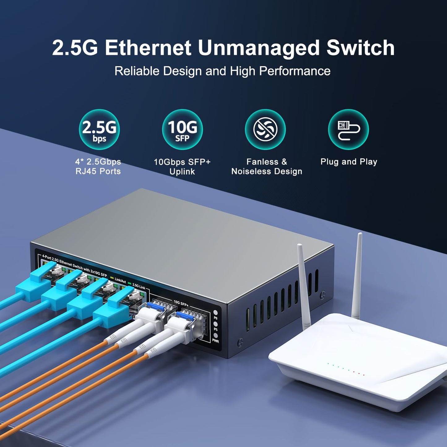 6 Port 2.5G Unmanaged Ethernet Switch, 4 x 2.5G Base-T Ports, 2 x 10G SFP+, Compatible with 100/1000/2500Mbps, Metal Fanless, Desktop/Wall Mount