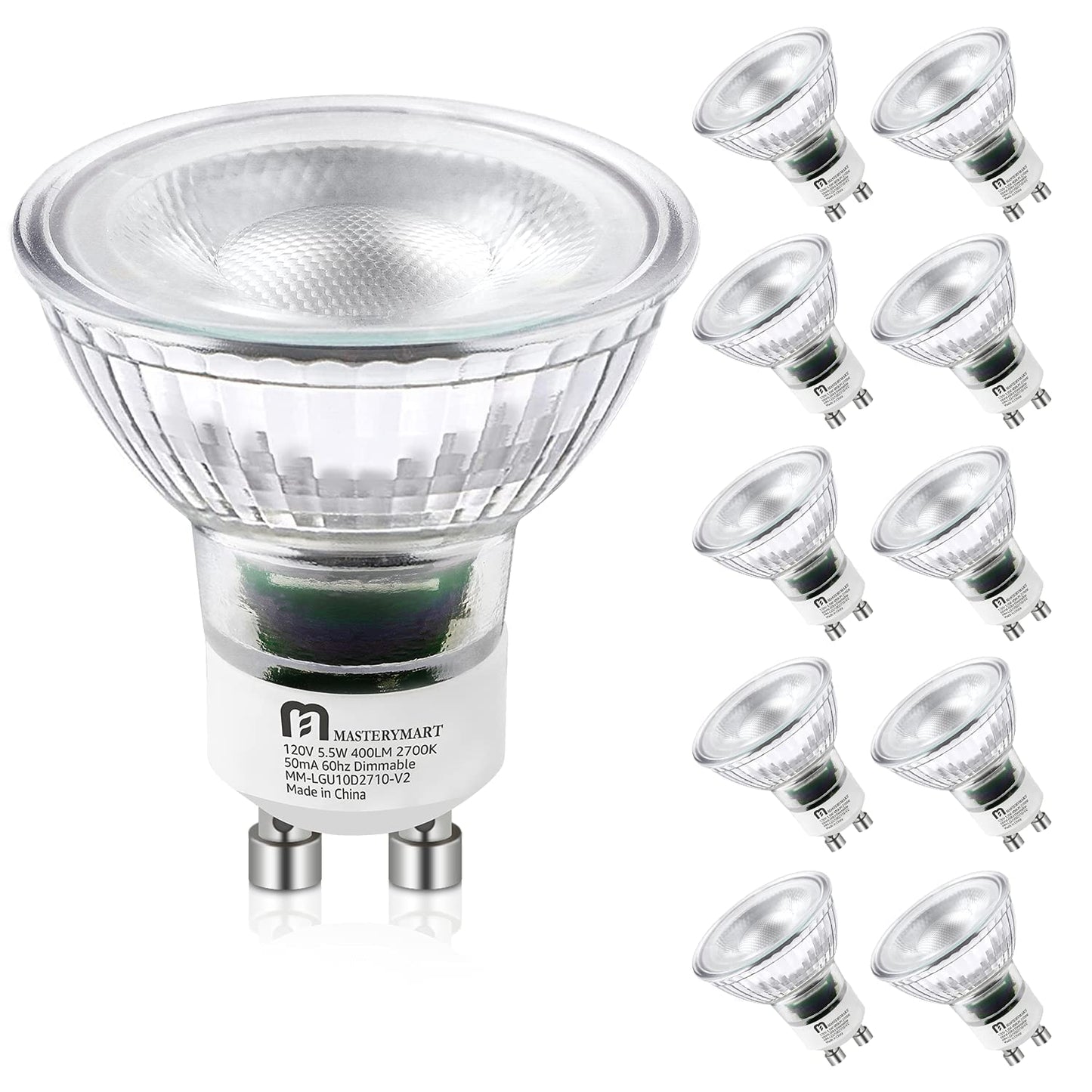 MASTERY MART Dimmable GU10 LED Light Bulbs, 5.5W Bright 2700K Soft White 50W Halogen Equivalent, 400lm Energy Saver for Track Lighting Fixture