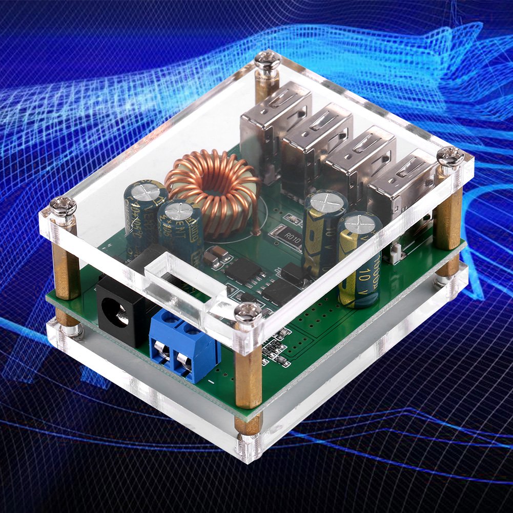 4 USB Power Converter, DC-DC 7-60V to 5V 5A Output Step Down Power Supply +Case High Efficiency