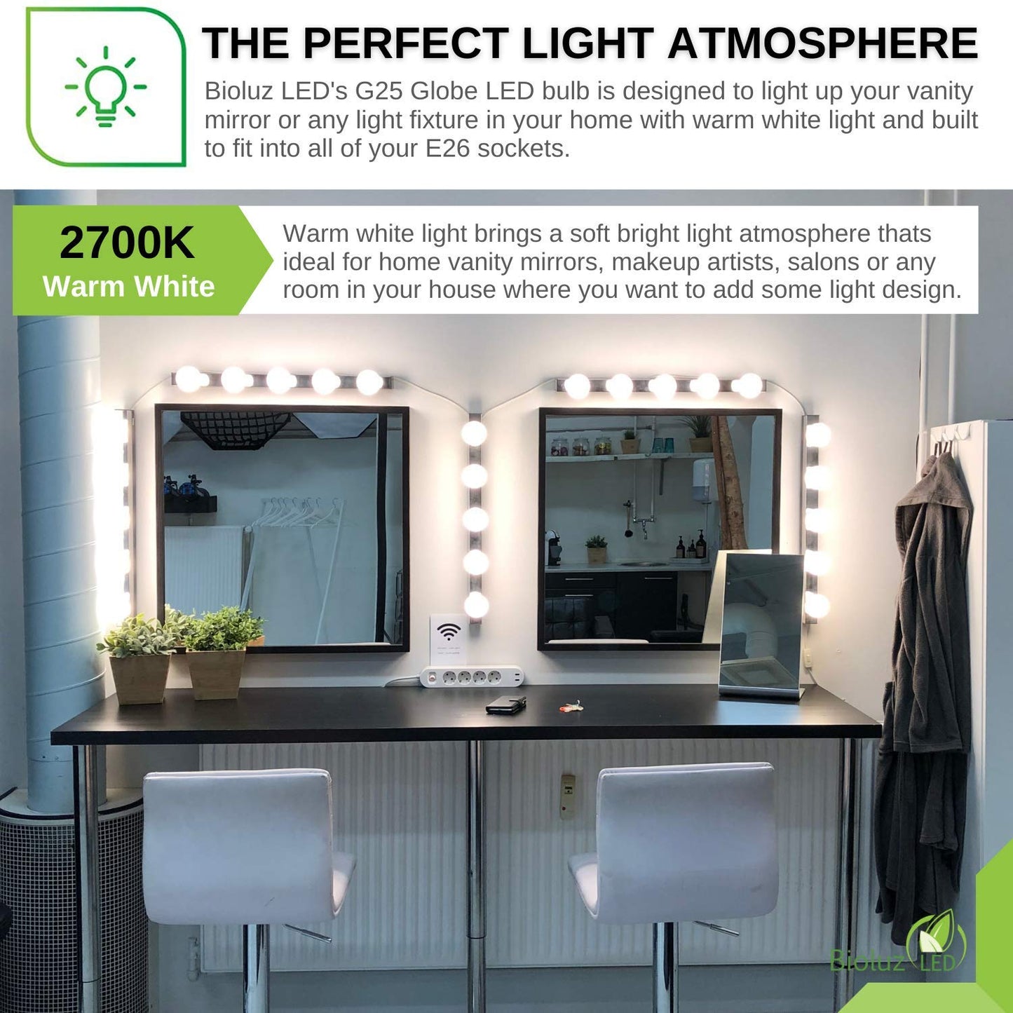 Bioluz LED G25 Globe Vanity Light Bulbs, 60W Equivalent, 2700K Warm White, 90 CRI, 450 Lumens, Dimmable, E26 Base - Bathroom Mirror Lighting 6 Pack
