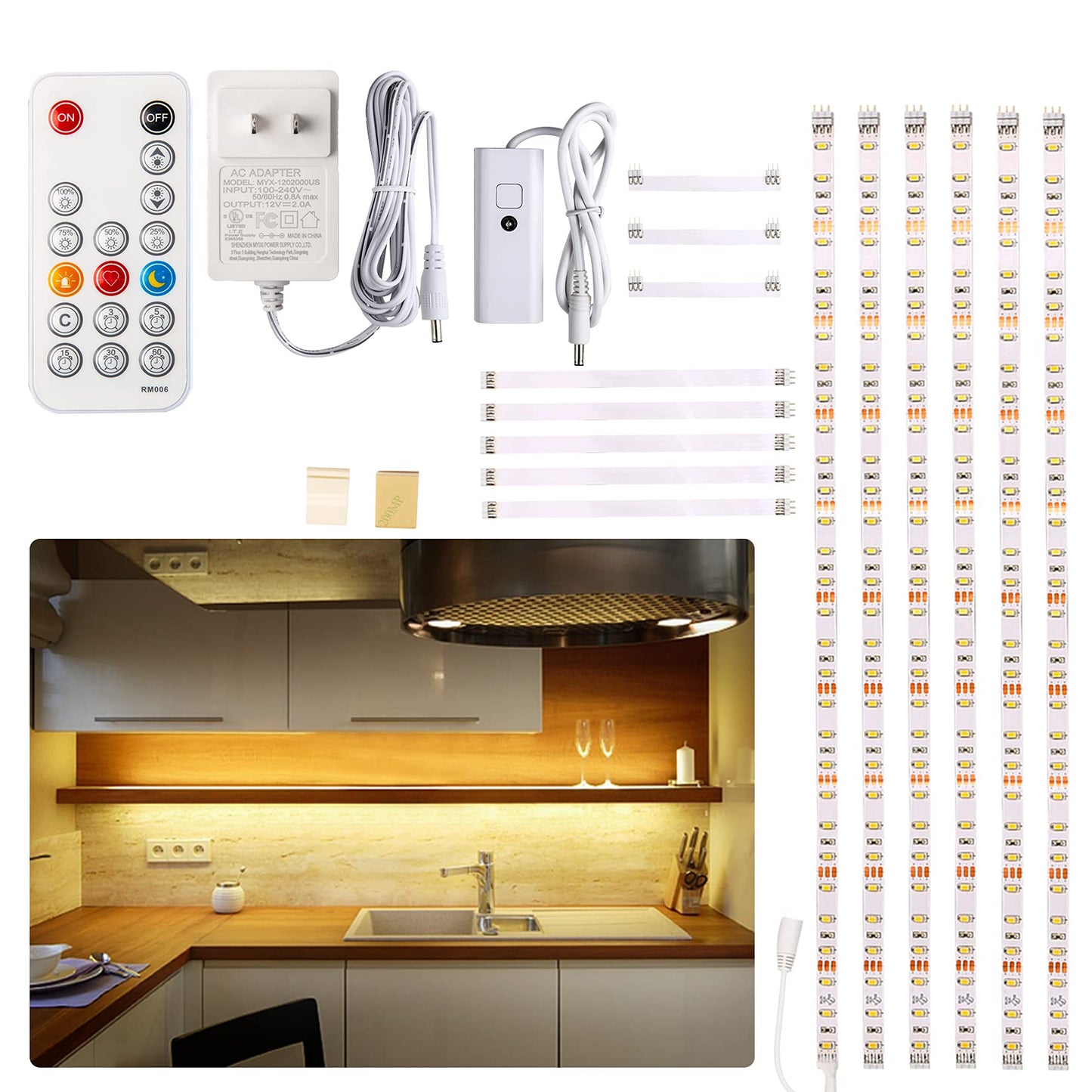 WOBANE Under Cabinet LED Lighting Kit, 6 PCS Dimmable LED Strip Lights with Remote Control Dimmer, 24W Adapter, Hidden 2700K Warm White Set, Bright