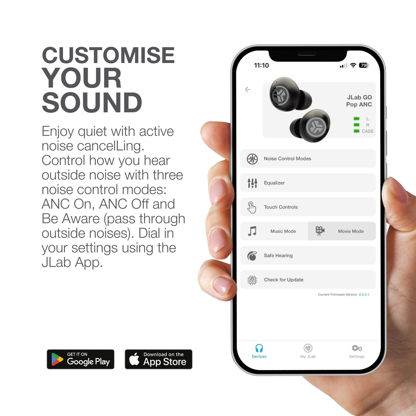 JLab, Go Pop ANC, True Wireless Earbuds, Active Noise Cancelling, Bluetooth Earbuds, Transparent Neon Green