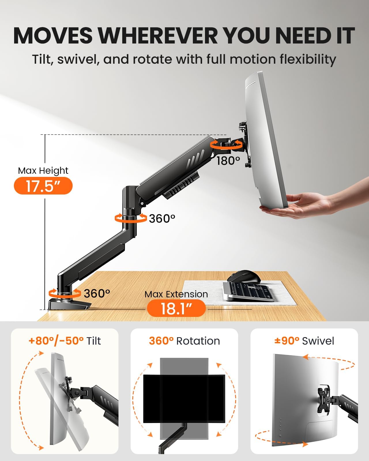 ErGear Single Monitor Arm, Fully Adjustable Monitor Mount for 13-34 Inch Screens, Fast Install Computer Monitor Stand with Tool-Free VESA Mount, Cable
