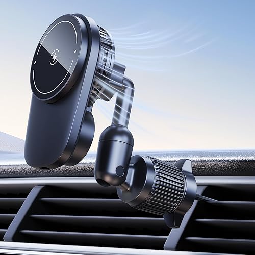 DICMKY Long-arm Wireless Magnetic Car Phone Holder Mount with Cooling Fan & RGB Lights, 15W Fast Charging Auto-Rotate Charger for iPhone
