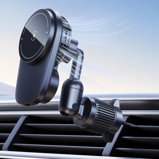 DICMKY Long-arm Wireless Magnetic Car Phone Holder Mount with Cooling Fan & RGB Lights, 15W Fast Charging Auto-Rotate Charger for iPhone