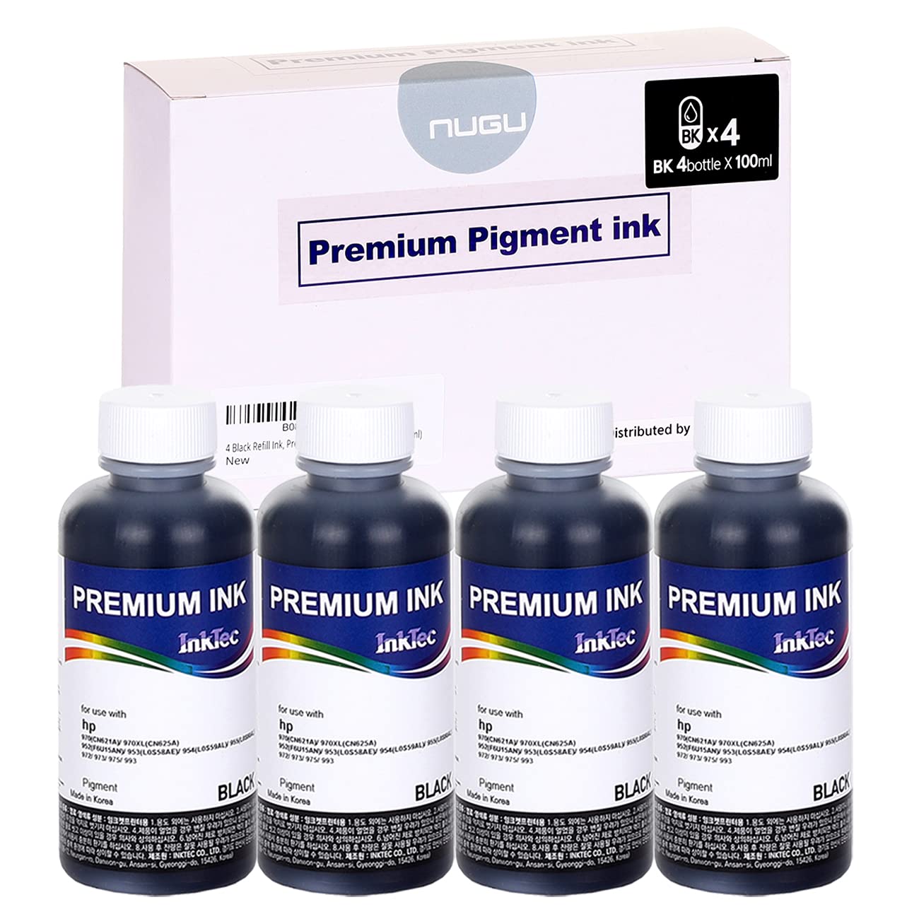 NUGU 4 Black Refill Ink, Premium Pigment Inks Made by in Korea, for HP 970 971 711 903 952 953 954 955 972 973 975 993 Inkjet Printer for Refillable