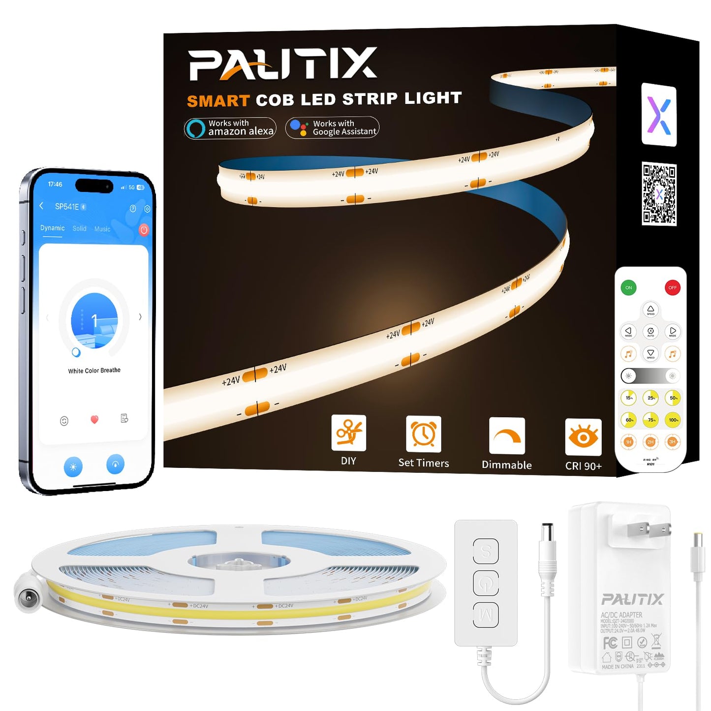 PAUTIX COB LED Strip Nautral White,4000K Dimmable LED Tape Light,CRI93+ Super Bright High Lumen,Compatible with Alexa/Google Assistant,Flexible Strip