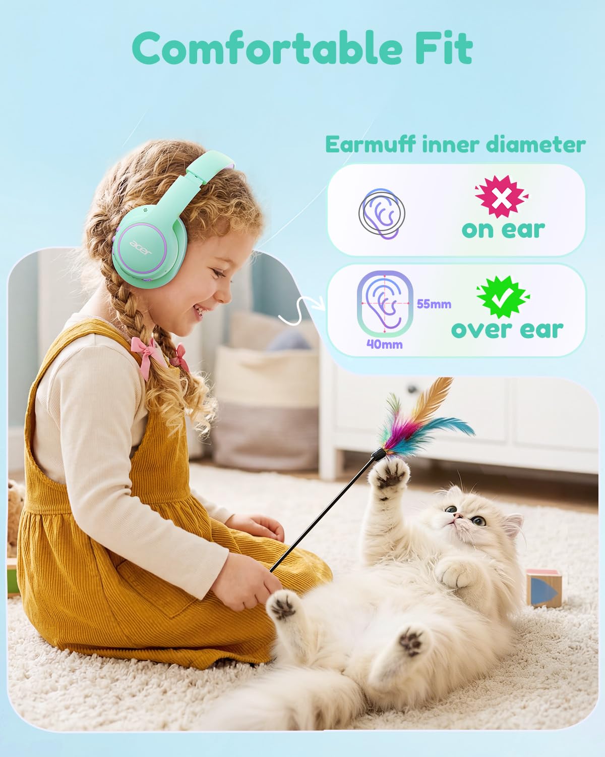 Acer OHR702 Kids Bluetooth Headphones for School with Built-in Mic,Over-Ear