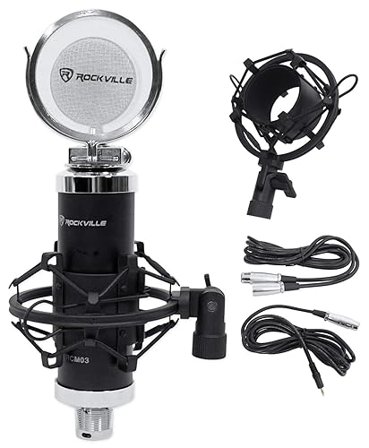 Rockville RCM03 Pro Studio Condenser Microphone, Cardioid Pattern, 30Hz-20kHz Frequency Response, Metal Shock Mount, Includes XLR & 3.5mm Cables, for