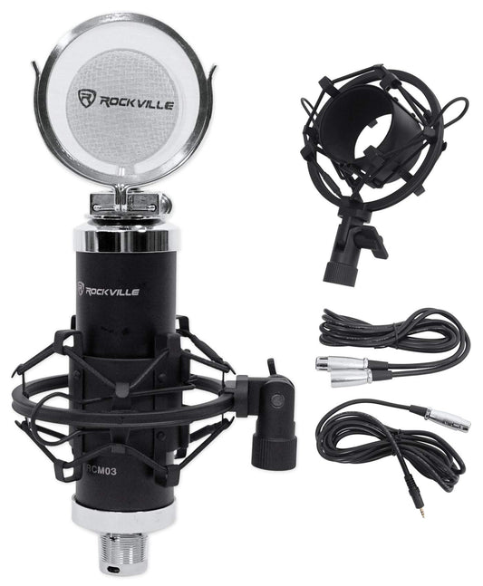 Rockville RCM03 Pro Studio Condenser Microphone, Cardioid Pattern, 30Hz-20kHz Frequency Response, Metal Shock Mount, Includes XLR & 3.5mm Cables, for