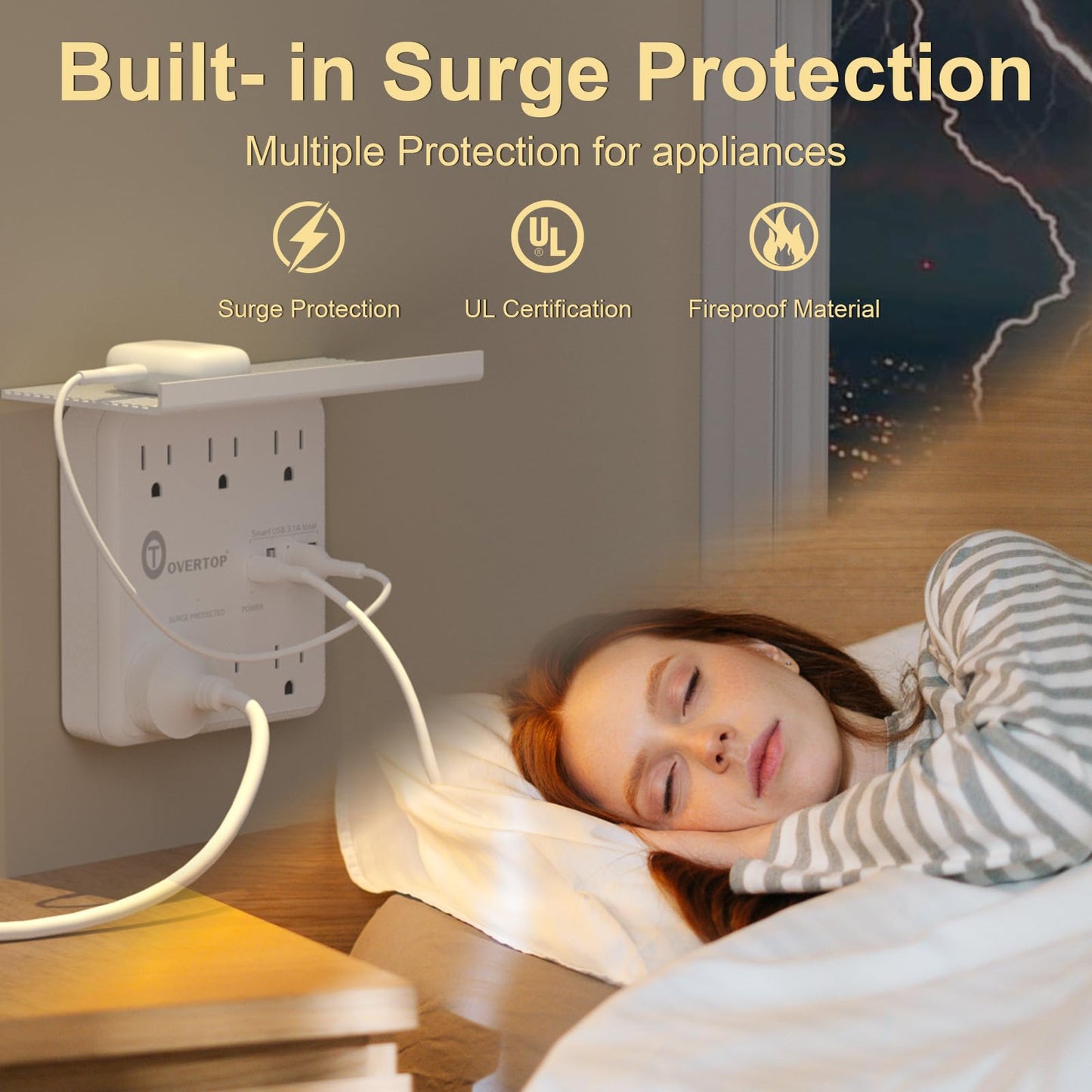 Overtop Power Charger with Shelf, Wall Outlet Extender Surge Protector with 6 AC Outlets, 4 USB Ports(1 USB C) Plug Expander Charger Shelf