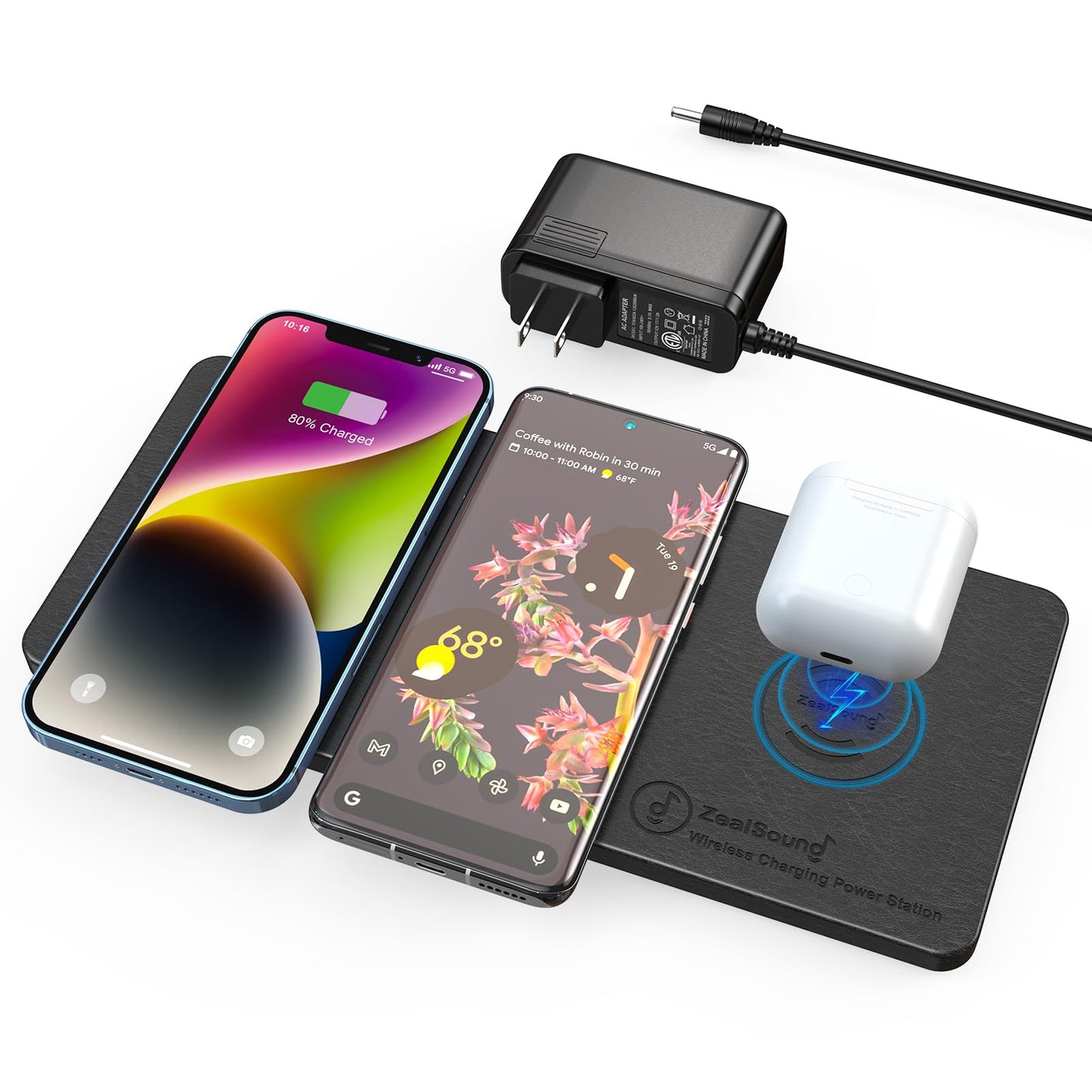 ZealSound Wireless Charging Pad, 3 in 1 Charger Mat for iPhone, Samsung Galaxy, Pixel, AirPods & Galaxy Buds, 24W Adapter Included, Ultra Slim, Case