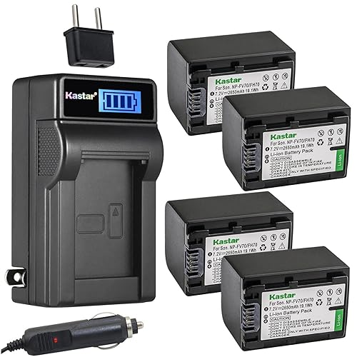 Kastar 4-Pack NP-FV70 Battery and LCD AC Charger Compatible with Sony NP-FV30, NP-FV50, NP-FV70, NP-FV90, NP-FV100 Battery Camera, Andoer HDV-201LM