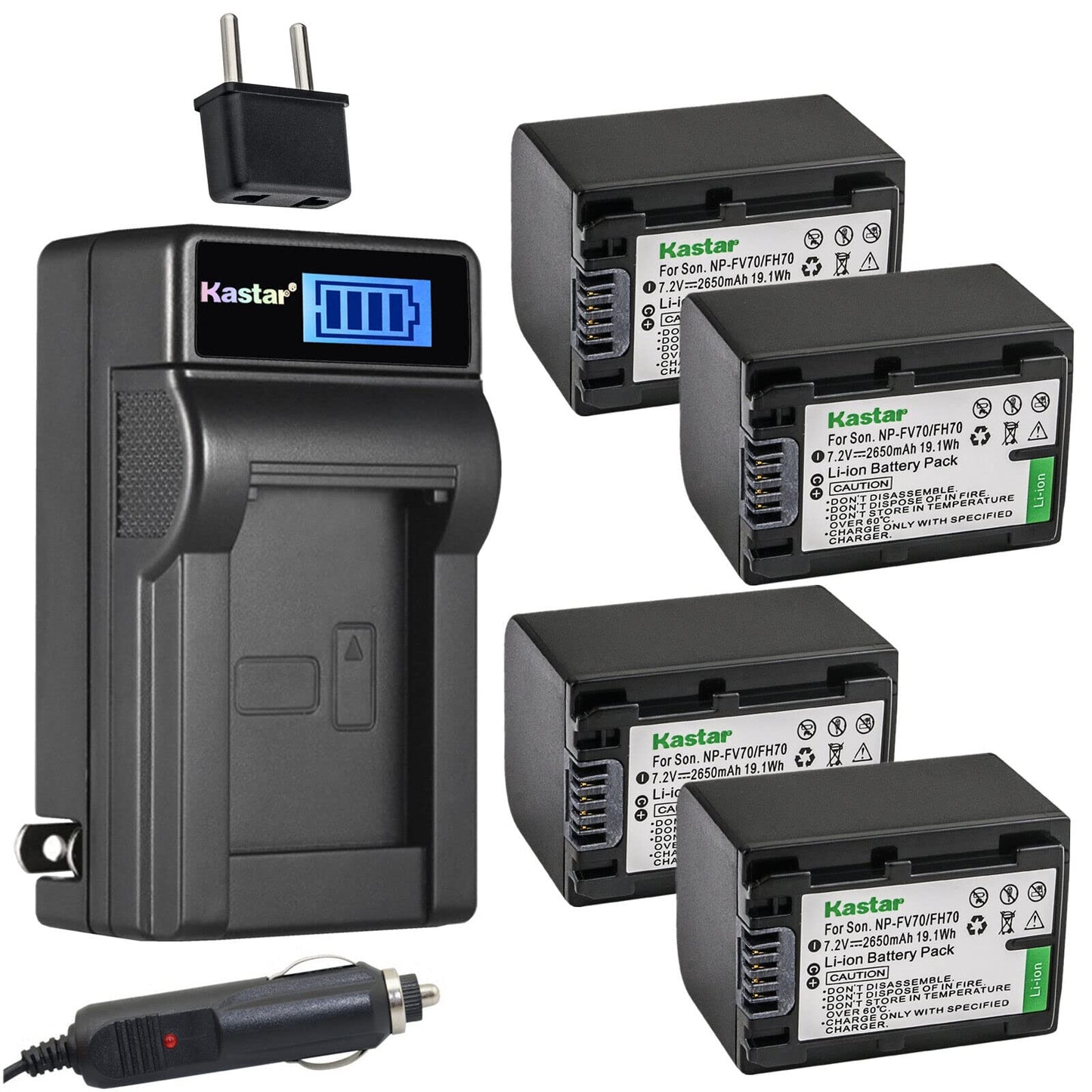 Kastar 4-Pack NP-FV70 Battery and LCD AC Charger Compatible with Sony NP-FV30, NP-FV50, NP-FV70, NP-FV90, NP-FV100 Battery Camera, Andoer HDV-201LM