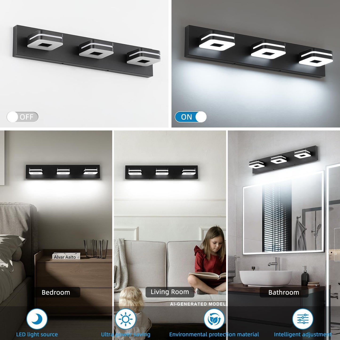 7Degobii Modern LED Bathroom Vanity Light Dimmable Matte Black 3-Light Fixture 18W 24" Wall Light Day Light 5500K 110V AC