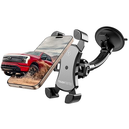 ToughTested Mammoth Truck Windshield Phone Mount, Vibration Absorbing Car Phone holder with One-hand Quick Release, Double-ribbed Gooseneck