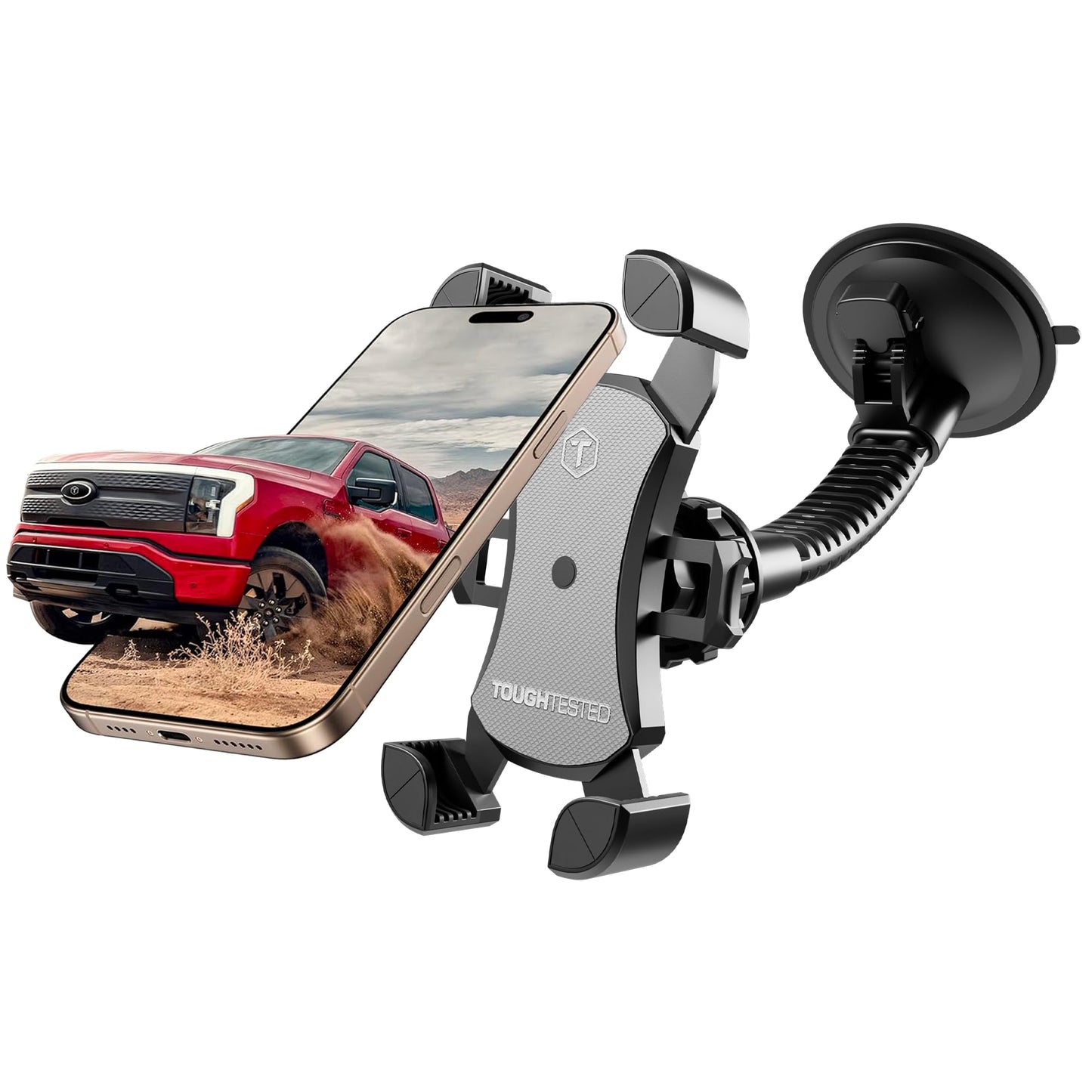 ToughTested Mammoth Truck Windshield Phone Mount, Vibration Absorbing Car Phone holder with One-hand Quick Release, Double-ribbed Gooseneck