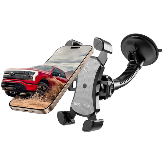 ToughTested Mammoth Truck Windshield Phone Mount, Vibration Absorbing Car Phone holder with One-hand Quick Release, Double-ribbed Gooseneck