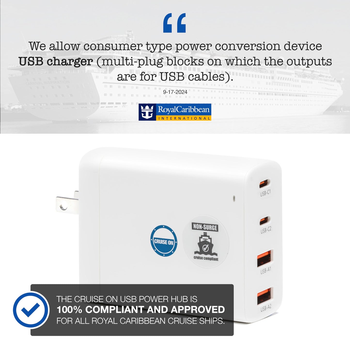 Cruise Approved Power Strip (Royal Caribbean, Disney & More) - Non Surge Charger [2 USB, 2 USB-C] 4-Port Charging Block w/Foldable Plug for iPhone