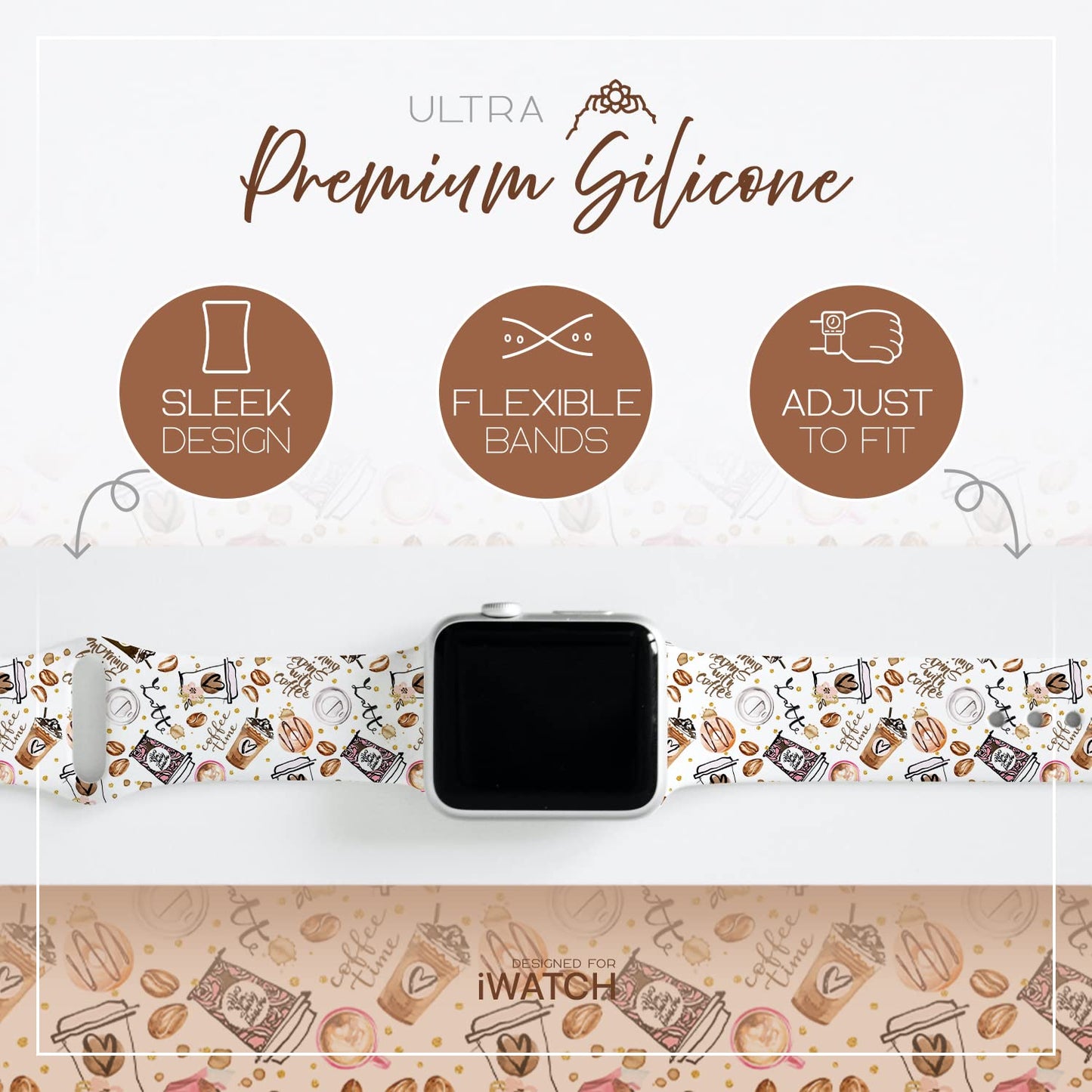 Lux Bands Smart Watch Bands for Women, Coffee Printed Silicone Watch Band, (38-41mm Small/Medium) Ladies Watch Strap Compatible with Smartwatches