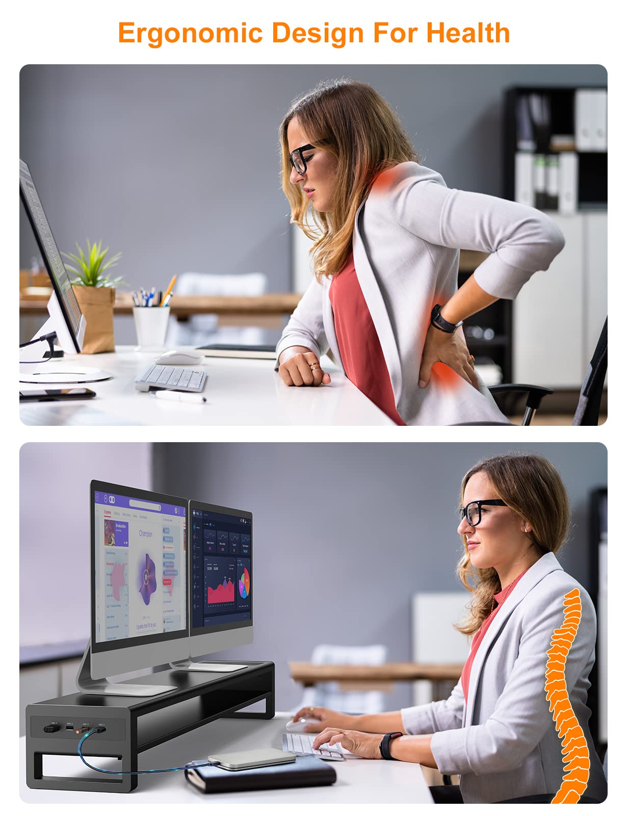 2 Tiers Dual Monitor Stand with Auto Charging Pad, 4 USB 3.0 Hub Ports, Double Monitor Riser, Metal Desk Stand with Storage, Long Screen Raiser for 2