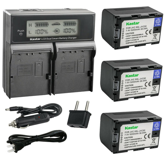 Kastar 3-Pack SSL-JVC50 Battery and CH04 LCD Dual Fast Charger Compatible with JVC GY-HM250 GY-HM250SP, GY-HM600, GY-HM600E, GY-HM600EC, GY-HM620U
