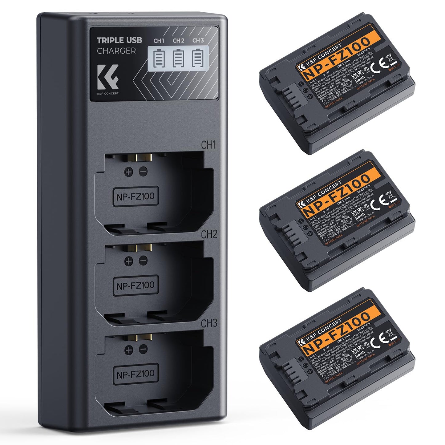 K&F CONCEPT 3-Pack NP-FZ100 Battery and Upgraded LCD Battery Charger Compatible with Sony A7iii, A7iv, A7C, FX3, FX30, A9, A6600, A6700, ZV-E1