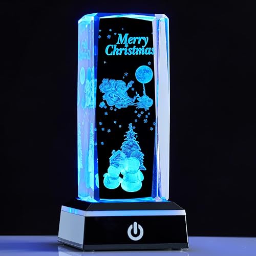 Zerelys 3D Crystal Christmas Gifts for Women with LED Base, Crystal Lamp Christmas Home Room Party Decor Gift for Mom Men(Merry Christmas)