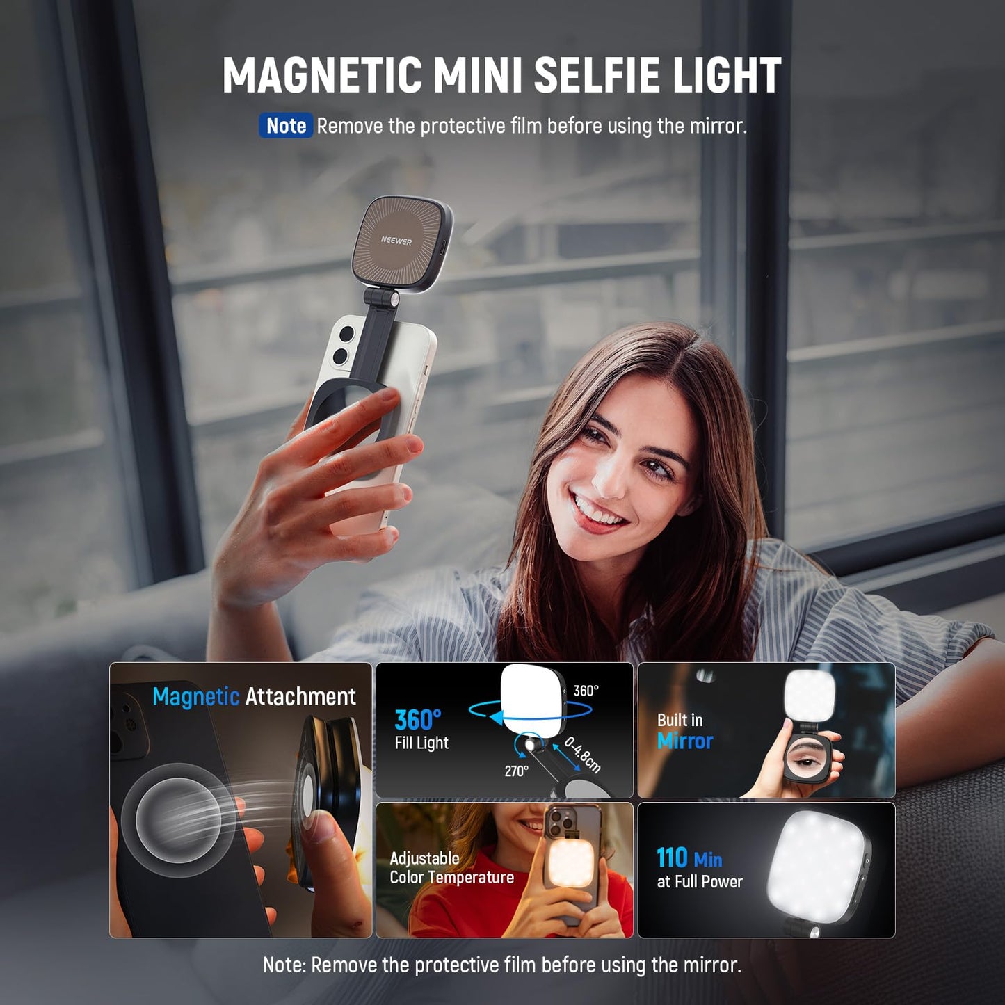 NEEWER BASICS Magnetic Selfie Light Compatible with MagSafe iPhone,CRI95 700lx/0.3m Folding LED Phone Fill Ring Lighting with Mirror for Zoom Makeup