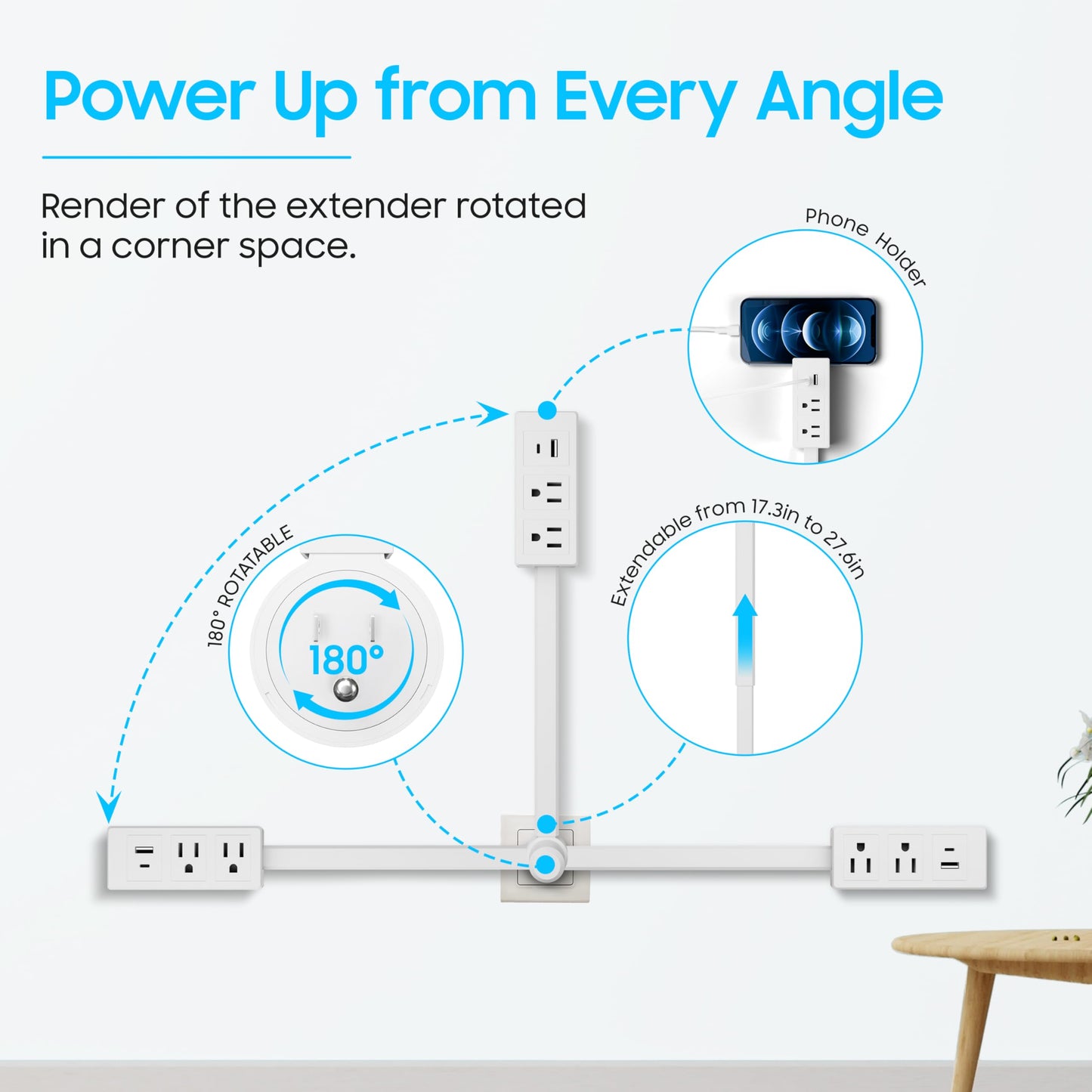 Power Outlet Extender Stick-2AC Plugs-Power Strips USB C & A Ports-180° Rotating Electrical Plug Extension-Surge Protector Power Strip Flat Plug-Wall